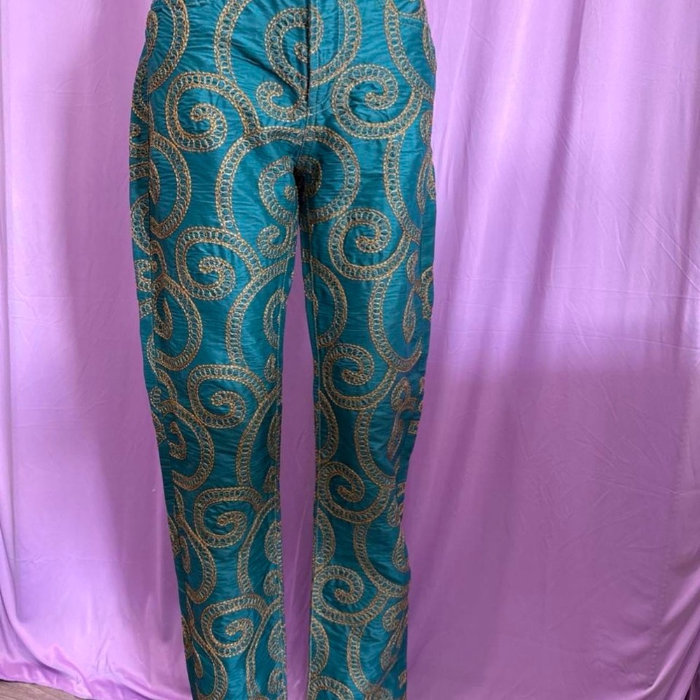 Gianfranco Ferre Vintage Silk Teal Gold Embroidered Pants Made in Italy 29